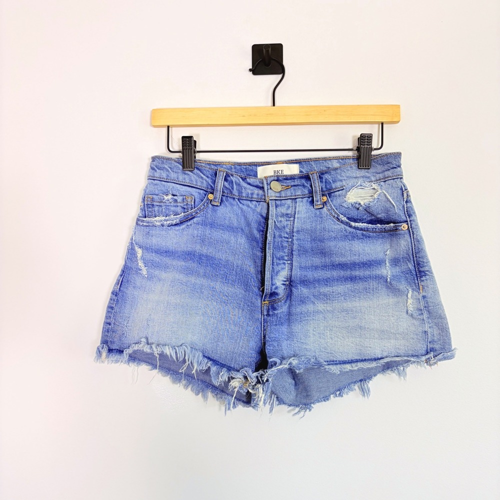 BKE Billie High Rise Distressed Jean Denim Shorts Blue Button Fly Size 26